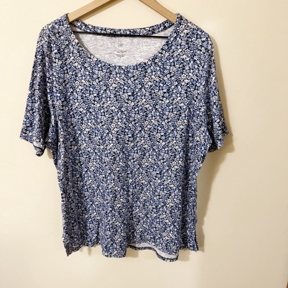 J Jill Floral Pima Slub Scoop Neck Side Slit Short Sleeve Tee Womens Size 2X